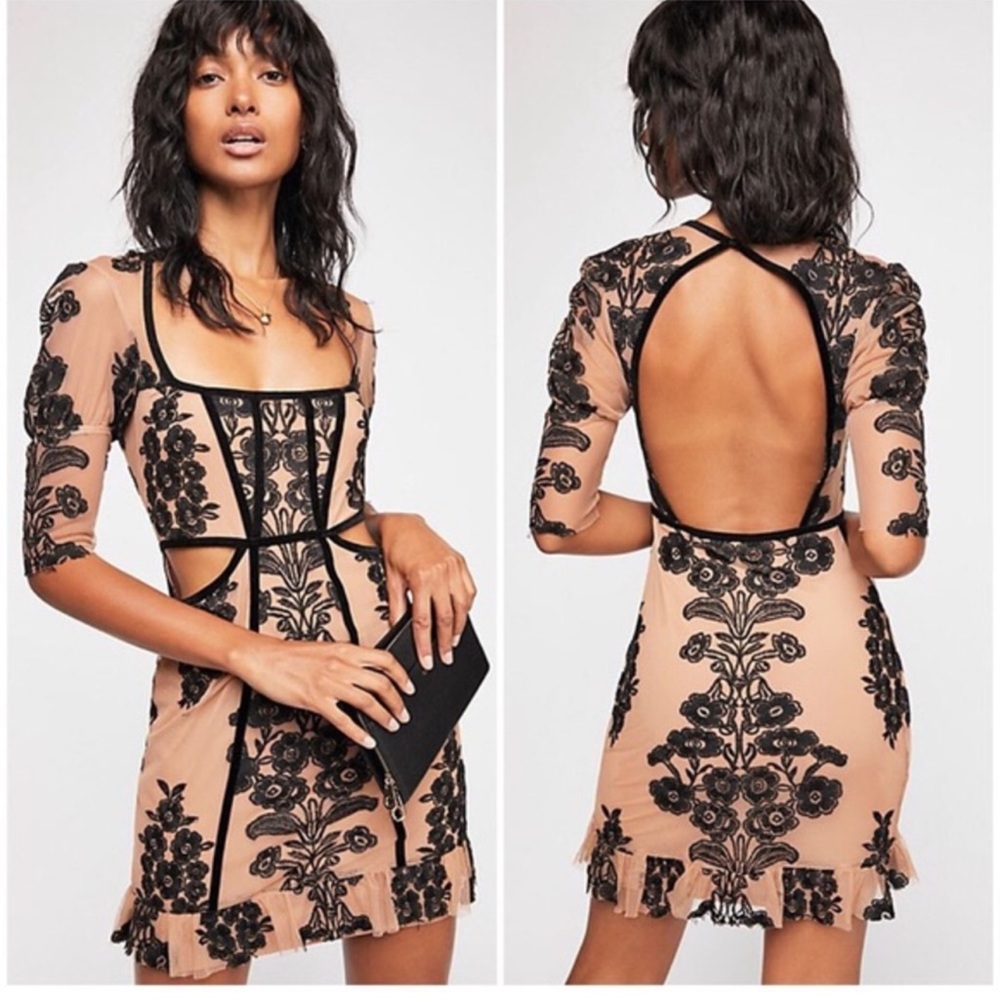 For Love and Lemons Burnout Velvet Black and Nude Temecula Mini Dress Small